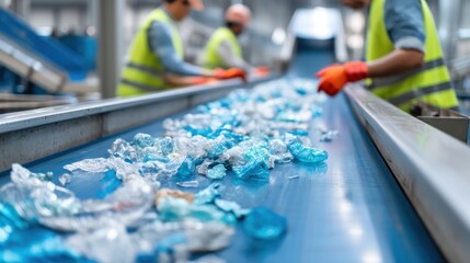 Recycling plant workers sorting plastic bottles