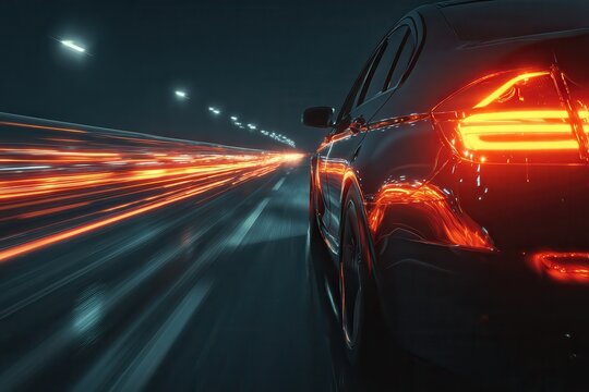 A car on the highway with tail lights, light trails and speed lines, dark background, minimalism, long exposure photography, orange and red tones, high resolution, high quality.