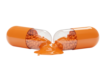 Isolated Open Orange Capsule with Liquid - Dissolving Medication