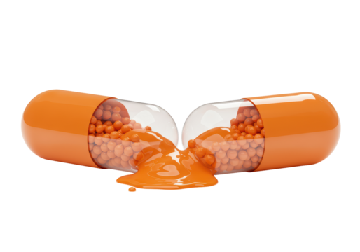 Isolated Open Orange Capsule with Liquid - Dissolving Medication