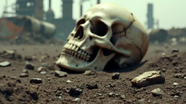 A human skull lies on the ground in a desolate industrial wasteland, a grim symbol of human extinction, a post-apocalyptic future, and the consequences of environmental disaster