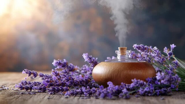 Wooden essential oil diffuser releasing steam surrounded by fresh lavender flowers on rustic wooden surface with soft natural light creating calming aroma and relaxation spa natural atmosphere