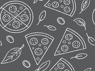 "Pizza slice seamless pattern with herbs and olives in purple line art style, minimal modern food background for Italian restaurant, kitchen, menu, packaging and decorative design projects"