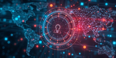 Digital world map with glowing lightbulb lock in center representing global security on transparent background