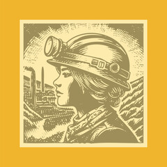  Vibrant Halftone Postal Stamp Vector of a Miner Worker Man Wearing Helmet with Lantern, Retro Industrial Male Portrait, Bold Graphic Illustration in Colorful Comic Style Design