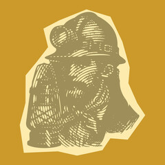  Papercut style vibrant color postal stamp vector of a miner worker man wearing helmet with lantern, industrial labor character design, retro mining illustration for print and digital use