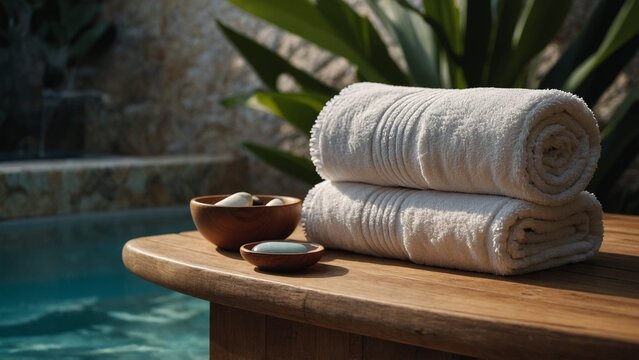 Rolled towels arranged neatly with natural elements, creating spa aesthetic that evokes relaxation and tranquility