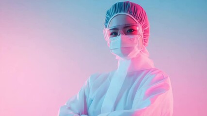 Medical worker protective suit with mask and goggles healthcare professional ready for work confident focused safety protection medical uniform sterile environment infection control medical gloves