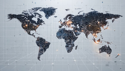 A digital world map displays continents with binary code texture and glowing networks, suggesting global connectivity and modern technology.