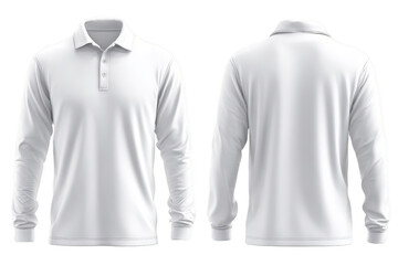 Front and back view of a plain white polo shirt with long sleeves