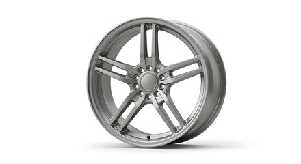 Naklejka premium A modern car alloy wheel finished in a sophisticated matte silver, featuring a bold, angular split five-spoke design