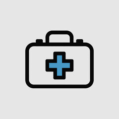 Obraz premium Minimalist Icon Design of a First Aid Kit a Light Gray Background Featuring a White Rectangular Case Black Outline a Blue Medical Cross Symbol