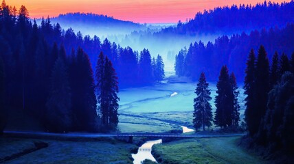 Vibrant twilight landscape with deep blue mist rolling through a forested valley beneath a glowing orange-pink sky at sunrise - AI Generated Digital Art
