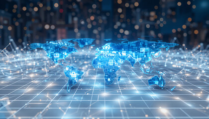 Glowing world map illustration depicts global technology networks and digital connections for business solutions and worldwide communication.