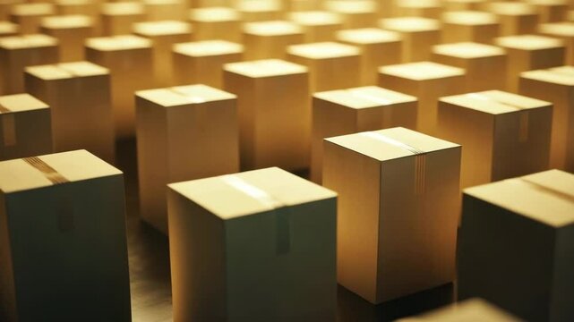 Brown cardboard boxes packed with tape for shipping and delivery, square parcels arranged in rows for storage and organized package handling in warehouse environment with warm lighting