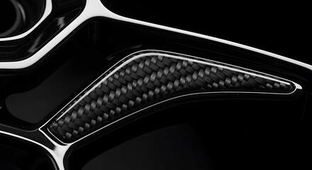 A detailed macro photograph of a carbon fiber insert on a modern, high-performance car alloy wheel