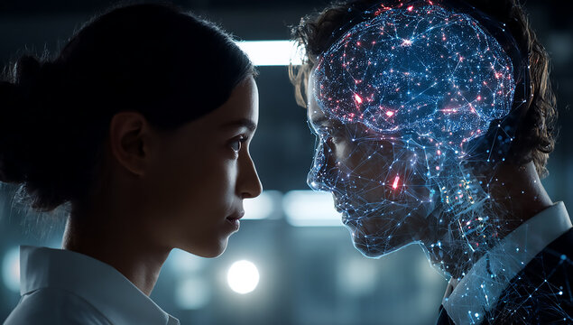 Woman facing ai representation with digital brain and network connections in a dark setting