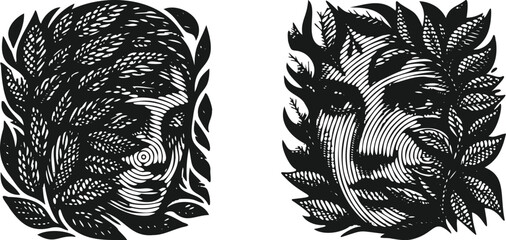  Heavy lined effect black vector bundle featuring a mysterious face partially covered by leaves, artistic foliage portrait design, nature inspired abstract human silhouette illustration