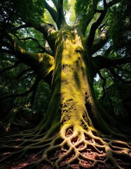 Majestic ancient tree with sprawling roots and golden moss-covered trunk, bathed in forest light beneath a dense green canopy - AI Generated Digital Art