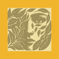  Vibrant green halftone effect vector illustration of a face partially covered by leaves, colorful postal stamp style design, nature-inspired, artistic, decorative, abstract, fresh, modern vector art