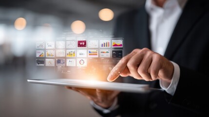 Digital Interface Interaction: A professional in a suit interacts with a digital interface on a tablet, symbolizing modern technology, data analysis, and innovative business strategies.