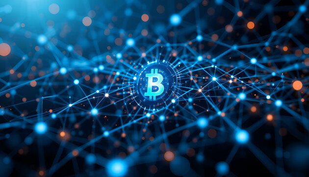 A vibrant blue network depicts Bitcoin, symbolizing blockchain technology and digital finance, suitable for cryptocurrency designs or financial tech presentations.