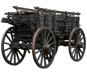 Dark wooden wagon with large wheels