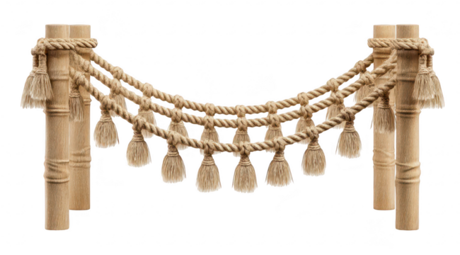 Light beige rope and tassel garland, supported by bamboo poles