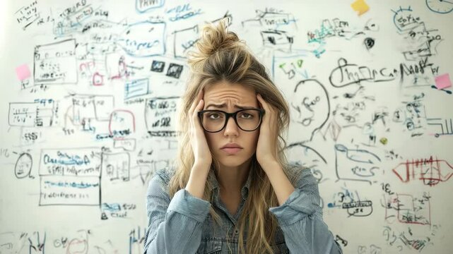 Stressed woman with glasses facing mental overload and frustration in creative workspace filled with complex diagrams and notes on whiteboard, expressing stress and confusion indoors