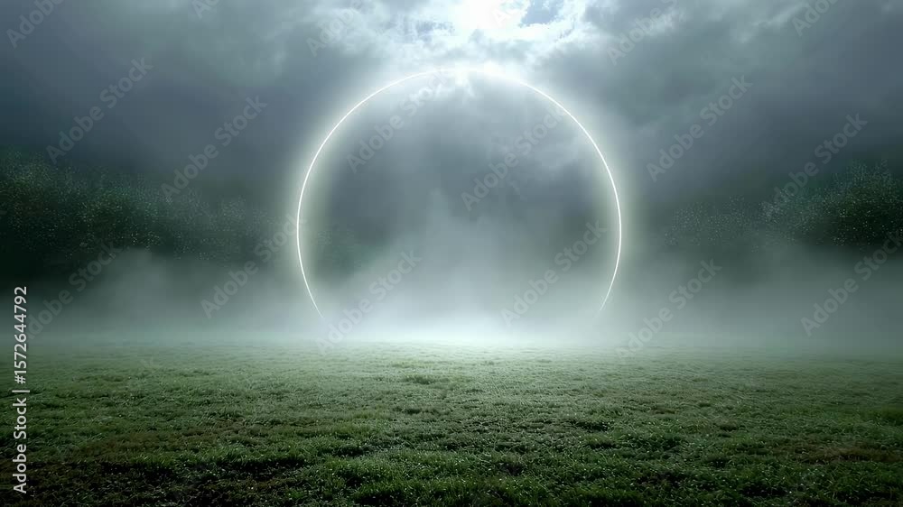 Wall mural futuristic glowing neon circle illuminating a misty grass field at night, creating a mysterious and 