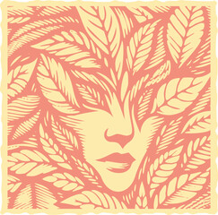  Vibrant pink heavy lined effect vector postal stamp featuring a face partially covered by leaves, colorful botanical portrait art, modern graphic design, nature inspired illustration, detailed linewo