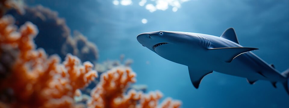A large shark with open mouth showing teeth swims in the deep ocean. A thrilling underwater image for a horror movie poster or a book cover - Powered by Adobe