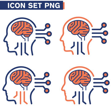 Icone icon di linea di intelligenza artificiale cervello cranio testa uomo macchina androide umanoide illustrazioni cloud 