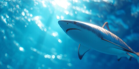 Naklejka premium A shark swimming towards the light in the blue ocean with bokeh effect. An inspiring concept of hope, freedom and overcoming challenges