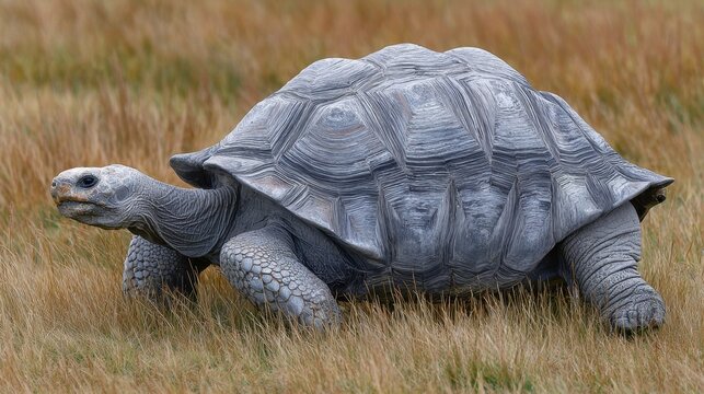 Aldabra giant tortoise in open grass field, wrinkled skin and domed shell well lit