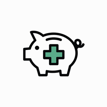 Minimalist Icon Design of a Piggy Bank Featuring a Teal and Green Medical Cross Symbol Inside a White Piggy Bank with Black Outline