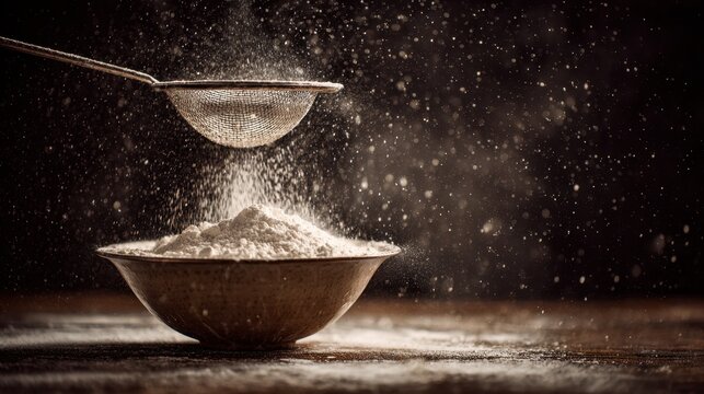 Flour sifter mid-action with a soft cloud of flour falling into a mixing bowl