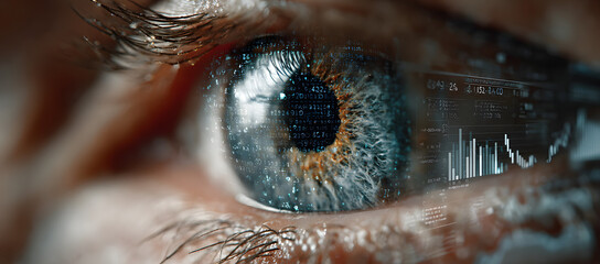 Digital blue eye with data visualization charts and graphs floating in front of it, representing the advanced technology used by AI to process information.