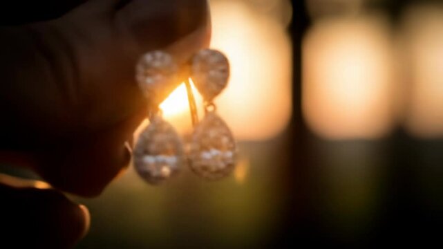 Elegant diamond earrings sparkle in golden hour light, jewelry and luxury.