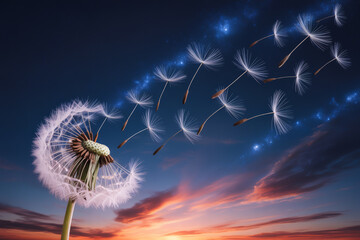 Obraz premium Dandelion seeds take flight against a vibrant sunset sky, carrying dreams on the wind