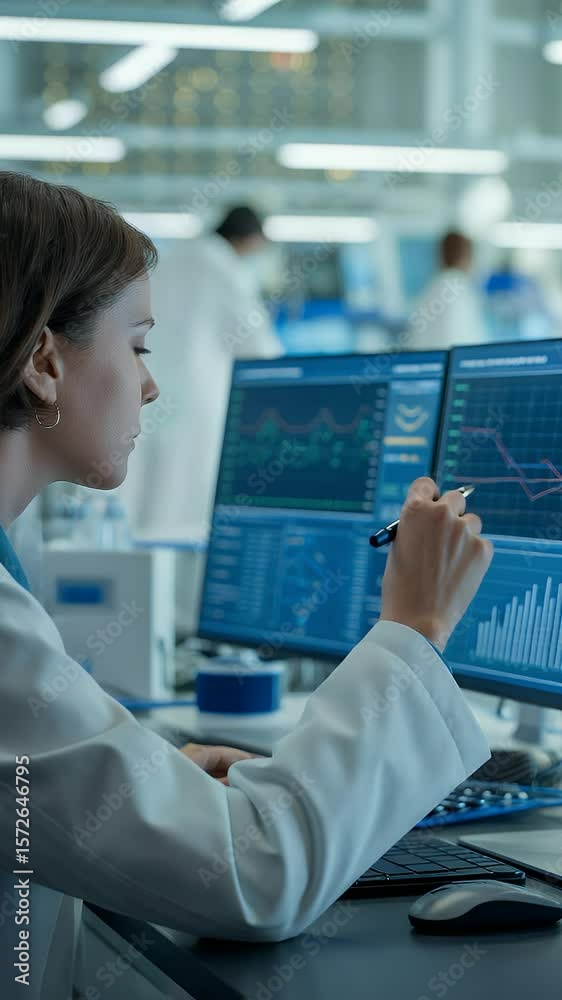 Poster analyzing data: a focused scientist, engrossed in the intricate details of data analysis displayed o