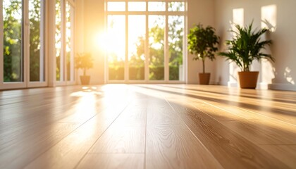 Fototapeta premium Cozy home decor, wooden floor accentuated with a vibrant green potted plant wooden