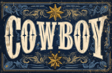 Distressed, textured cowboy font with bold and cursive style., sign,