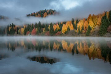 Fototapeta premium Colorful autumn trees reflect in the tranquil lake under a foggy sky
