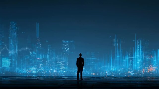 A visionary businessman stands amidst a digital landscape of futuristic buildings surrounded by interactive data visualizations that highlight investment opportunities and market trends - Powered by Adobe