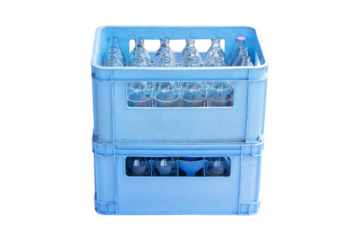 Glass clear bottles in plastic crate blue. Drinking water wait for distribute to grocery. Packaging for sale in supermarkets or wholesale stores. Isolated on cut out PNG or transparent background.