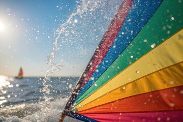 Close-up of a colorful sail glistening in the sun with ocean spray misting around