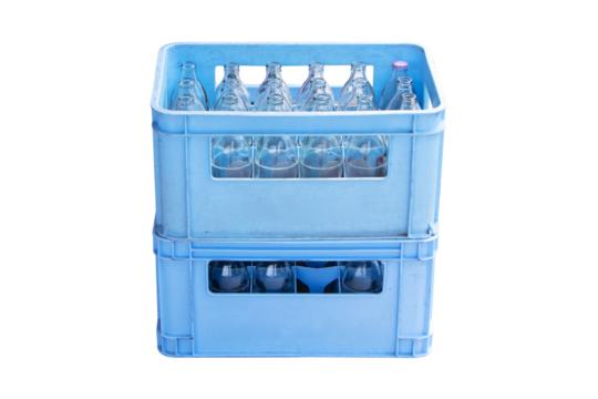 Glass clear bottles in plastic crate blue. Drinking water wait for distribute to grocery. Packaging for sale in supermarkets or wholesale stores. Isolated on cut out PNG or transparent background.