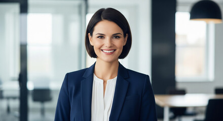 A smiling, confident businesswoman with short dark hair poses in a modern office, exuding professionalism and success