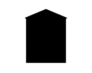 Silhouette of a rectangular building with a peaked roof against white background